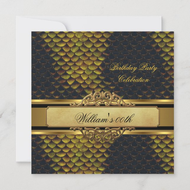 Mans Snakeskin Black Gold Birthday Party Mens Invitation (Front)