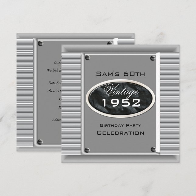Mans Vintage 60th Silver Black Birthday Invitation (Front/Back)