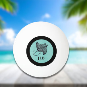 Manta Ray on Teal Faux Brushed Metal Monogrammed Ping Pong Ball
