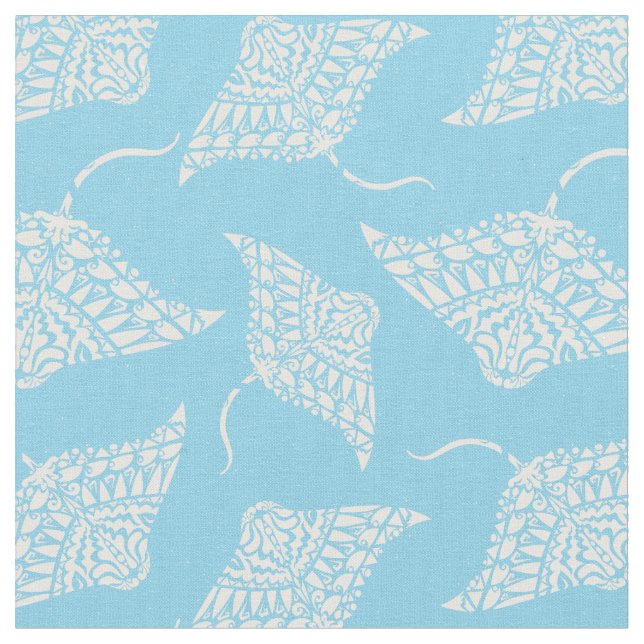 Manta Ray Pattern Tribal Tattoo Style Blue White Fabric (Close Up)