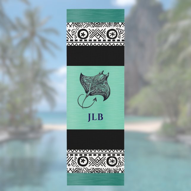 Manta Ray Polynesian Pattern Teal Green Monogram  Yoga Mat (Creator Uploaded)