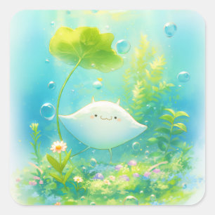 Manta Ray Resting Beneath a Lily Pad Square Sticker