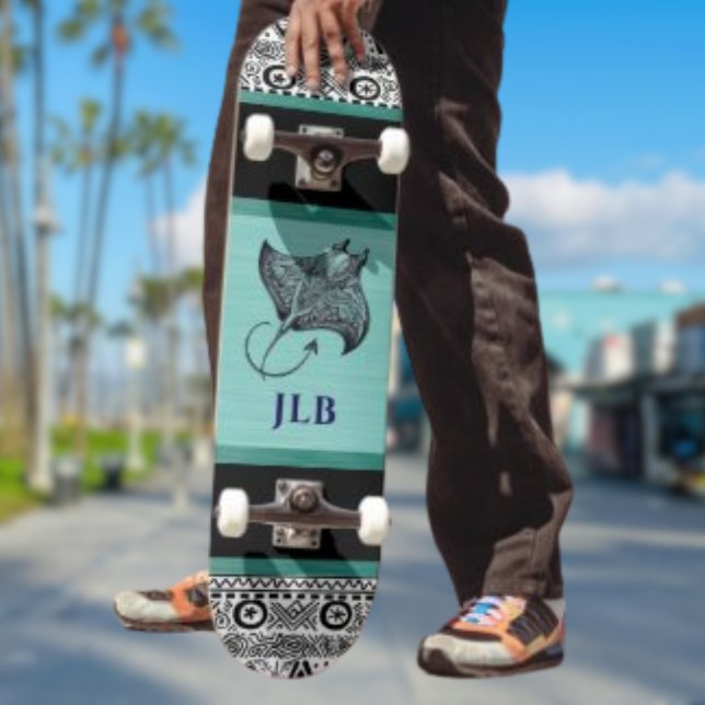 Manta Ray Teal Black White Polynesian w Initial Skateboard (Creator Uploaded)