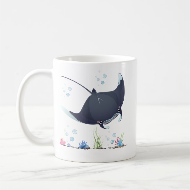 Manta ray with bubbles and coral reef Coffee Mug (Left)
