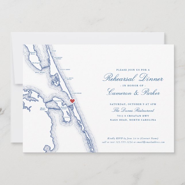 Manteo Nags Head Map Navy Blue Rehearsal Dinner Invitation (Front)