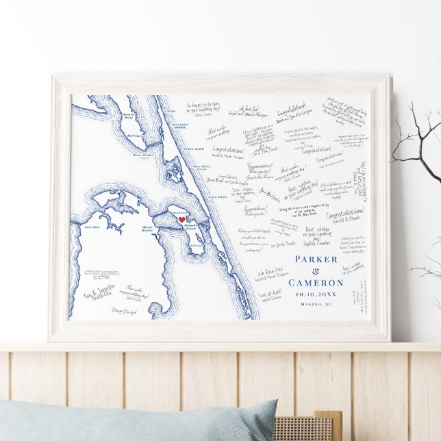 Manteo NC Map Elegant Wedding Guest Book Poster (Manteo NC map alternative wedding guest book poster with elegant navy blue Outer Banks OBX map)