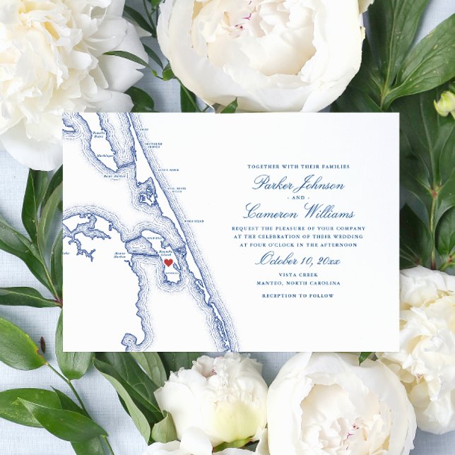 Manteo NC OBX Map Elegant Navy Wedding Invitation (Manteo North Carolina Wedding Invitation with elegant navy blue Outer Banks OBX map )