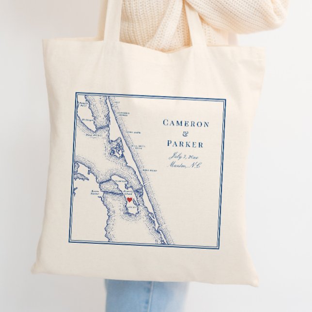 Manteo North Carolina Elegant Navy Wedding Welcome Tote Bag (Custom Roanoke Island Wedding Tote Bag with Elegant Manteo North Carolina Map by Coastal Map Designs)