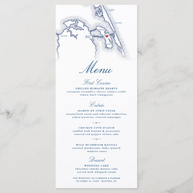 Manteo Roanoke NC Map Elegant Navy Blue Wedding Menu (Front)