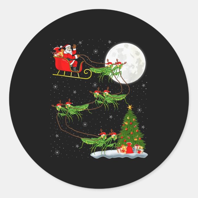 Mantis Insect Santa Sleigh Flying Funny Magical Ch Classic Round Sticker (Front)