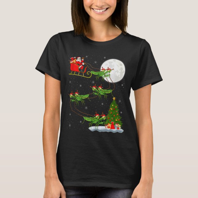 Mantis Insect Santa Sleigh Flying Funny Magical Ch T-Shirt (Front)