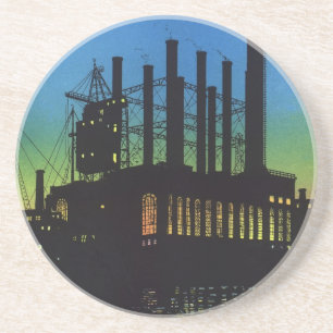 Manufacturing Factory at Sunset, Vintage Business Coaster