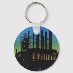 Manufacturing Factory at Sunset, Vintage Business Key Ring