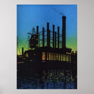 Manufacturing Factory at Sunset, Vintage Business Poster