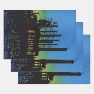 Manufacturing Factory at Sunset, Vintage Business Wrapping Paper Sheet
