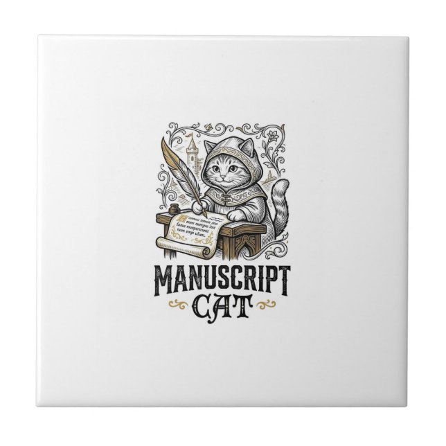 Manuscript Cat Cat Mediaeval Manuscript Vintage Ve Tile (Front)
