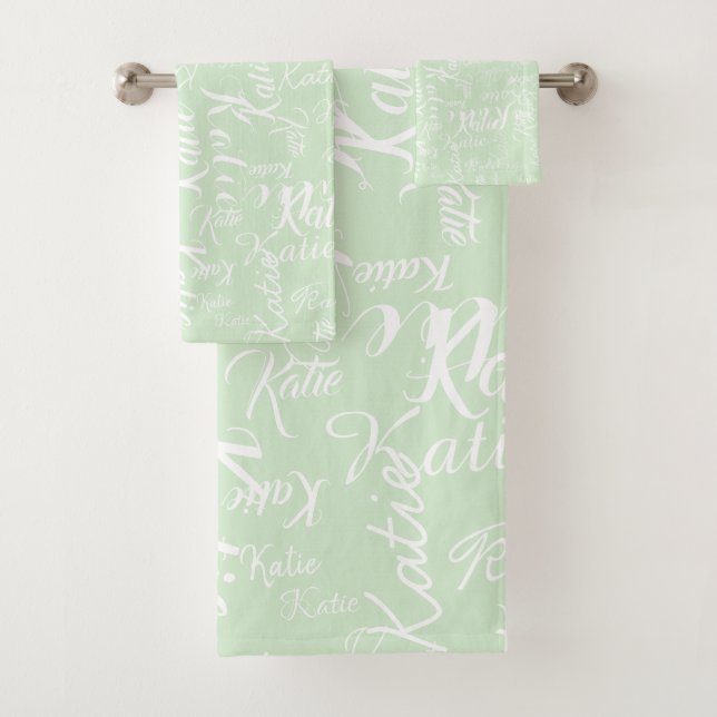 Manuscript Names Printed All Over Pale Sage Green Bath Towel Set (Insitu)