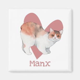 Manx Cat Watercolor Kitty Pink Heart Magnet