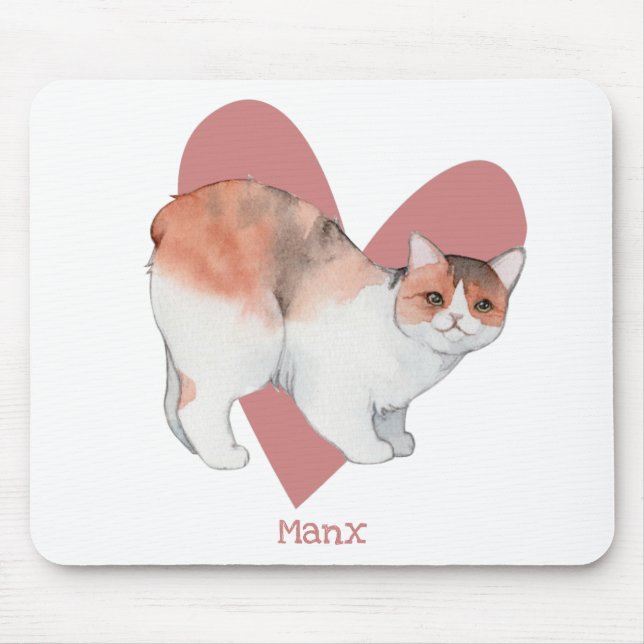 Manx Cat Watercolor Kitty Pink Heart Mouse Mat (Front)