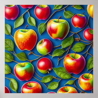 many apple fruit paintings, in the central poster