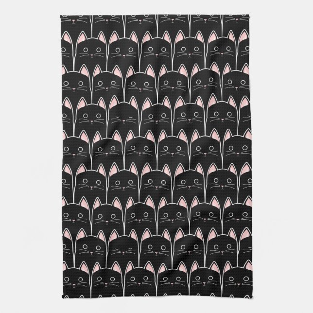 Many Black Cats Pattern Tea Towel (Vertical)