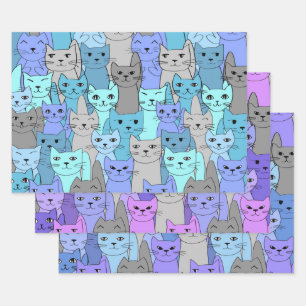 Many Blue and Purple Cats Design Wrapping Paper Sheet