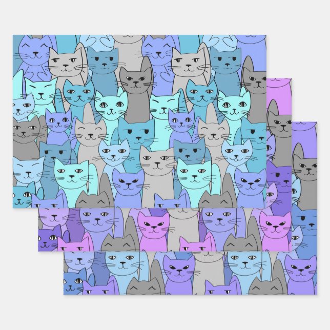 Many Blue and Purple Cats Design Wrapping Paper Sheet (Set)