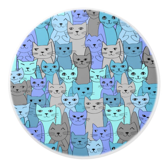 Many Blue Cats Design Ceramic Knob or Pull (Front)