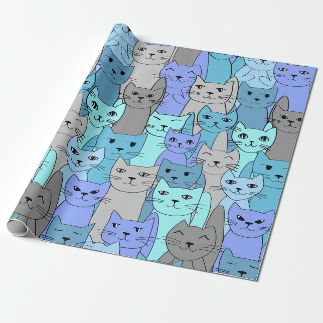 Many Blue Cats Design Wrapping Paper Roll (Unrolled)