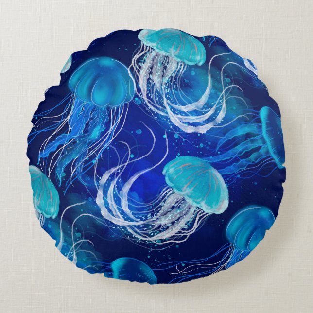 Many blue jellyfishes swimming underwater. Seamles Round Cushion (Front)