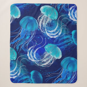 Many blue jellyfishes swimming underwater. Seamles Sherpa Blanket