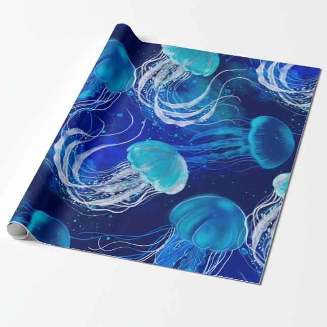 Many blue jellyfishes swimming underwater. Seamles Wrapping Paper (Unrolled)