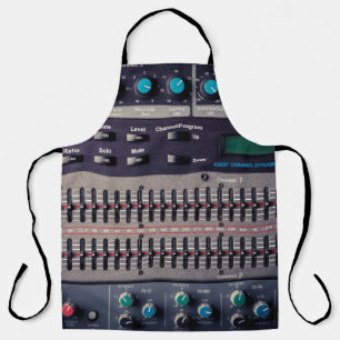 Many buttons on a sound mixer in a recording studi apron