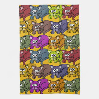 Many cartoon cats and colours on a towel. tea towel