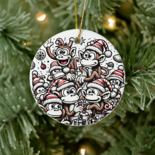 Many Christmas Monkeys Ceramic Tree Decoration
