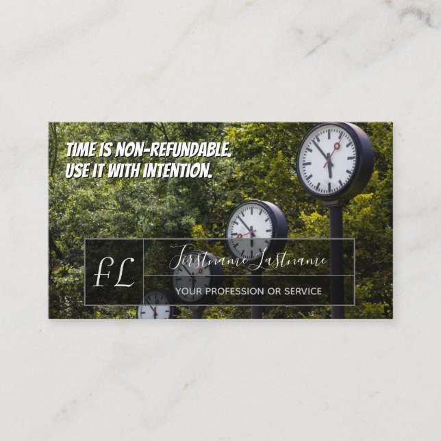 Many clocks motivational grey rectangle monogram business card (Front)