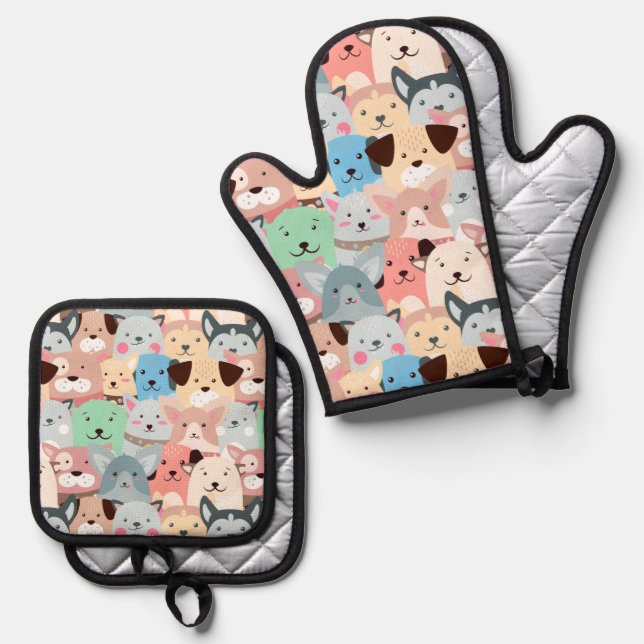 Many Colourful Dogs Design Oven Mitt & Pot Holder Set (Front/Back)
