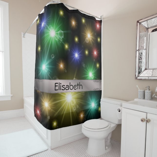 many colourful glowing festive lights shower curta shower curtain (In Situ)