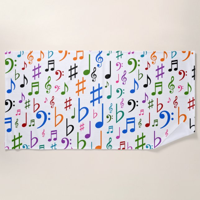 Many Colourful Music Notes and Symbols Beach Towel (Front)