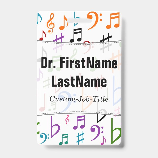 Many Colourful Music Notes and Symbols; Custom Nam ID Badge (Front)