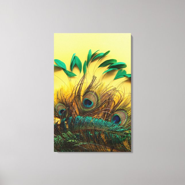 Many different kinds of feathers on a yellow canvas print (Front)