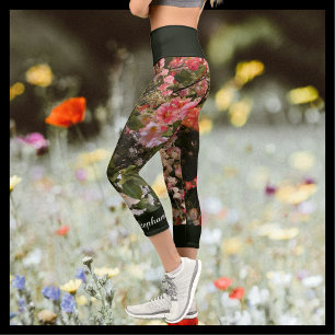 Many Flowers Pink Green Floral Personalised Name Capri Leggings