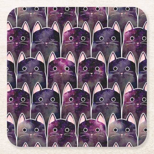 Many Galaxy Cats Pattern Square Paper Coaster (Front)