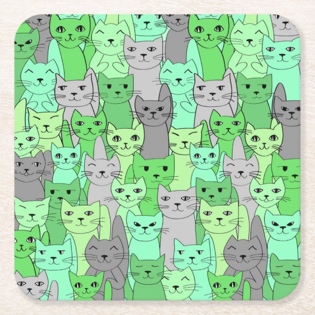 Many Green Cats Design Square Paper Coaster (Front)