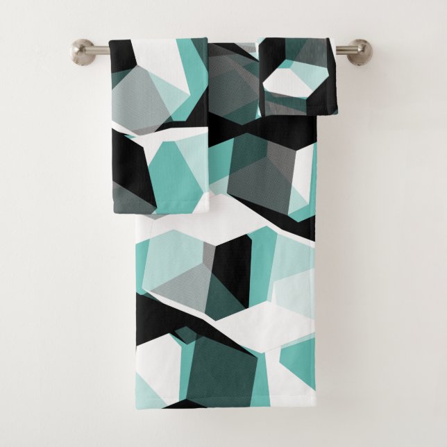 Many hexagons with colourless parts, on light teal bath towel set (Insitu)