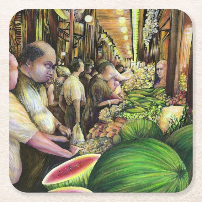 Many Men, Many Melons, Budapest Square Paper Coaster (Front)