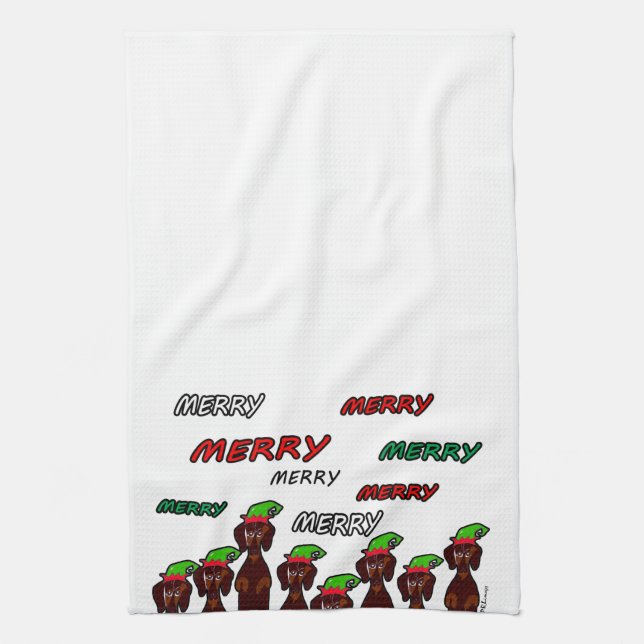 Many Merry Dachshunds Christmas Kitchen Towel (Vertical)