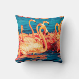 Many pink coral beautiful wild flamingos in blue l cushion