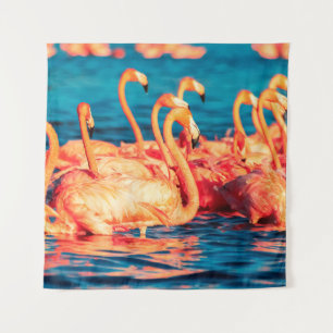 Many pink coral beautiful wild flamingos in blue l tapestry