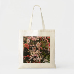 Many Pink White Flowers Floral Personalised Name Tote Bag